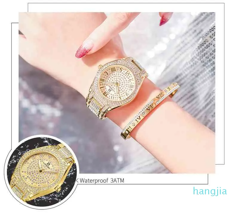 Top luxe strass Longbo Bracelet femmes diamant mode dames or Rose robe montre en acier inoxydable cristal montre-Bracelet