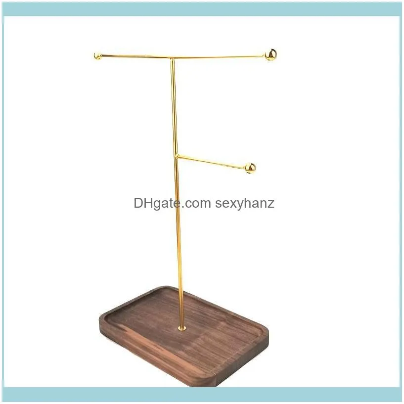 Walnut Base Jewelry Display Stand Metal Storage Rack Gold Necklace Earring Hanger Pouches, Bags