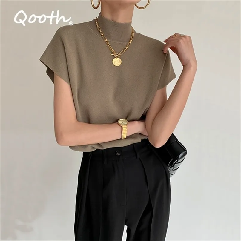 Qooth Sólido Stand-up Collar Chaleco de punto Manga corta Oficina Lady All Match Camisa de moda suelta elegante Tops rectos QT908 220315