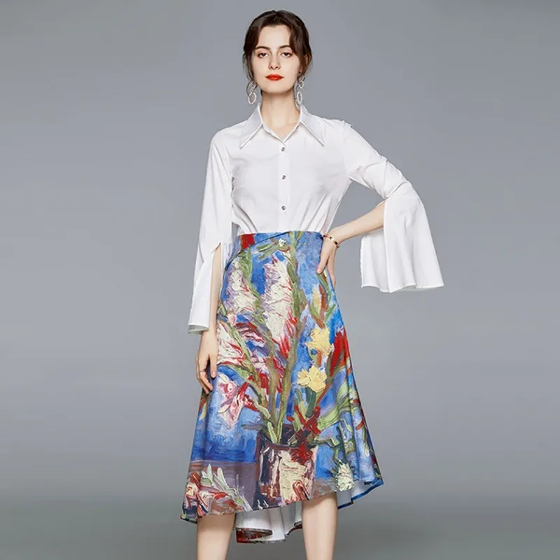 Verão moda saia saia terno feminino manga flare sólido camisa branca + hight cintura irregular impressão saias de duas peças conjuntos 210514
