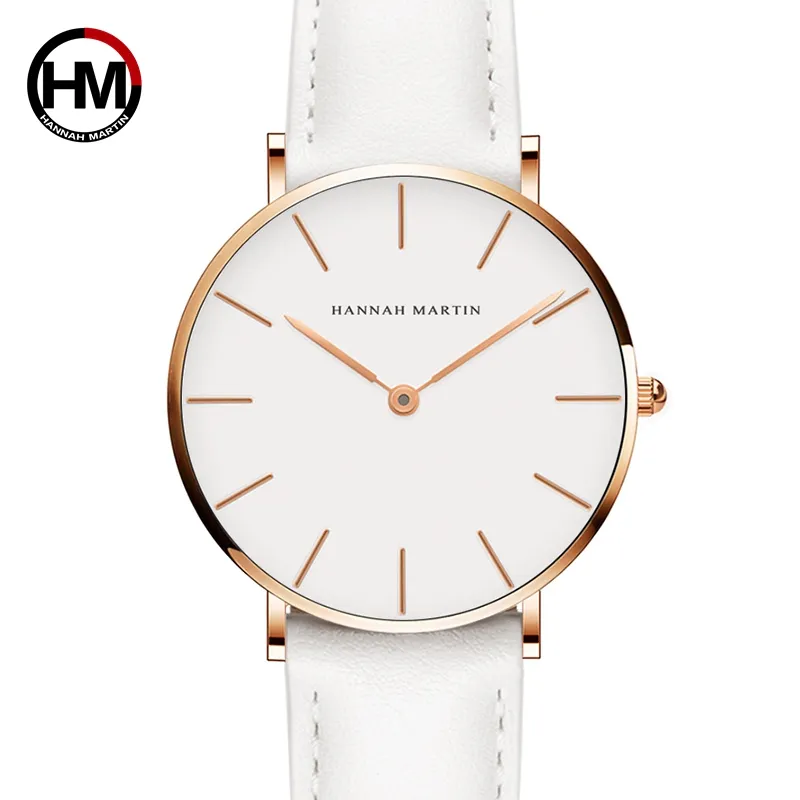 Dropshipping Japón cuarzo Simple mujer reloj de moda correa de cuero blanco señoras relojes de pulsera marca impermeable reloj de pulsera 36mm