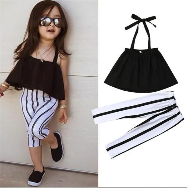 Schattige meisjes zomerkleding joch riem toppen+gestreepte broek leggings 2 stks outfits kinderen modekleding peuter meisje kleding