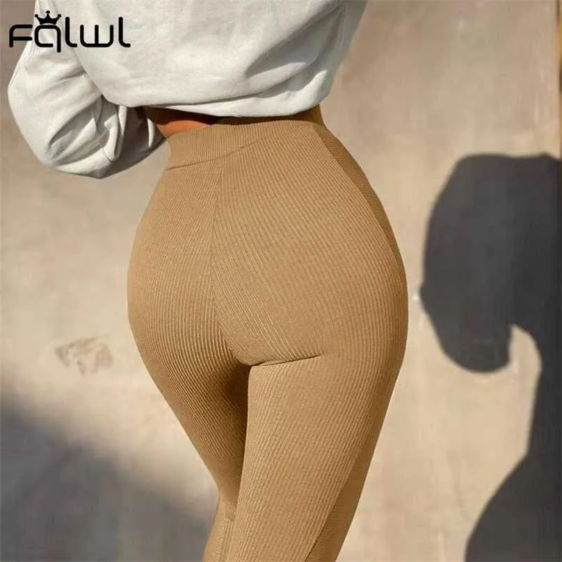 FQLWL High Waist Fitness Workout Leggings Women Ribbed Knitted Bodycon Solid Ladies Joggers Sweatpants Female White 211215