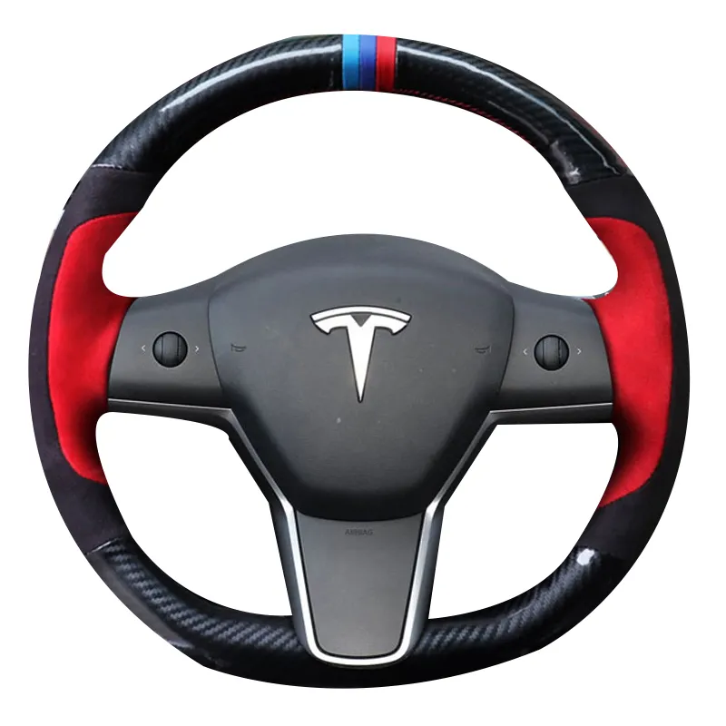 Handgenähter Lenkradbezug aus Kohlefaser für Tesla Model 3 y s x