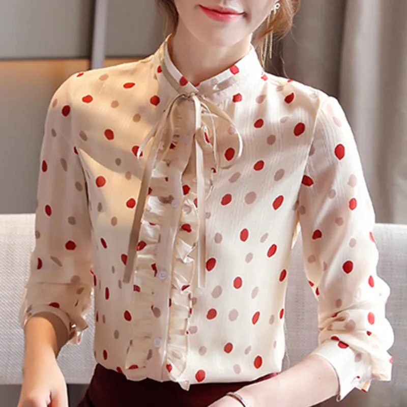 Camisas de blusas para mujeres de manga larga Tops Collar Collar Dot Camisa de blusa de chifón Blusas MUJer de Moda BLOUNTA Mujeres D446 210426