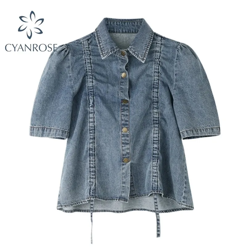 Denim Femmes Cardigan Cardigan Blouses et chemises Casual à manches courtes Cordon de cordon de cordon à lacets rétro Y2K Top été Sexy Streetwear Lady 210515