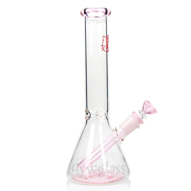 10'' pink Kitty Bong cute Hookah glass smoking KT beaker bottom clear tube small water pipe colorful mouth wholesale price 14 mm female joint and bowl