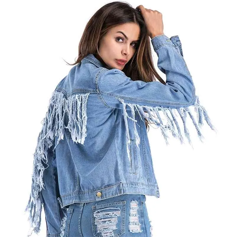 Chaqueta de mezclilla suelta con flecos con estilo vintage para mujer de manga larga y abrigos para prendas de vestir exteriores de talla grande Jean 210514