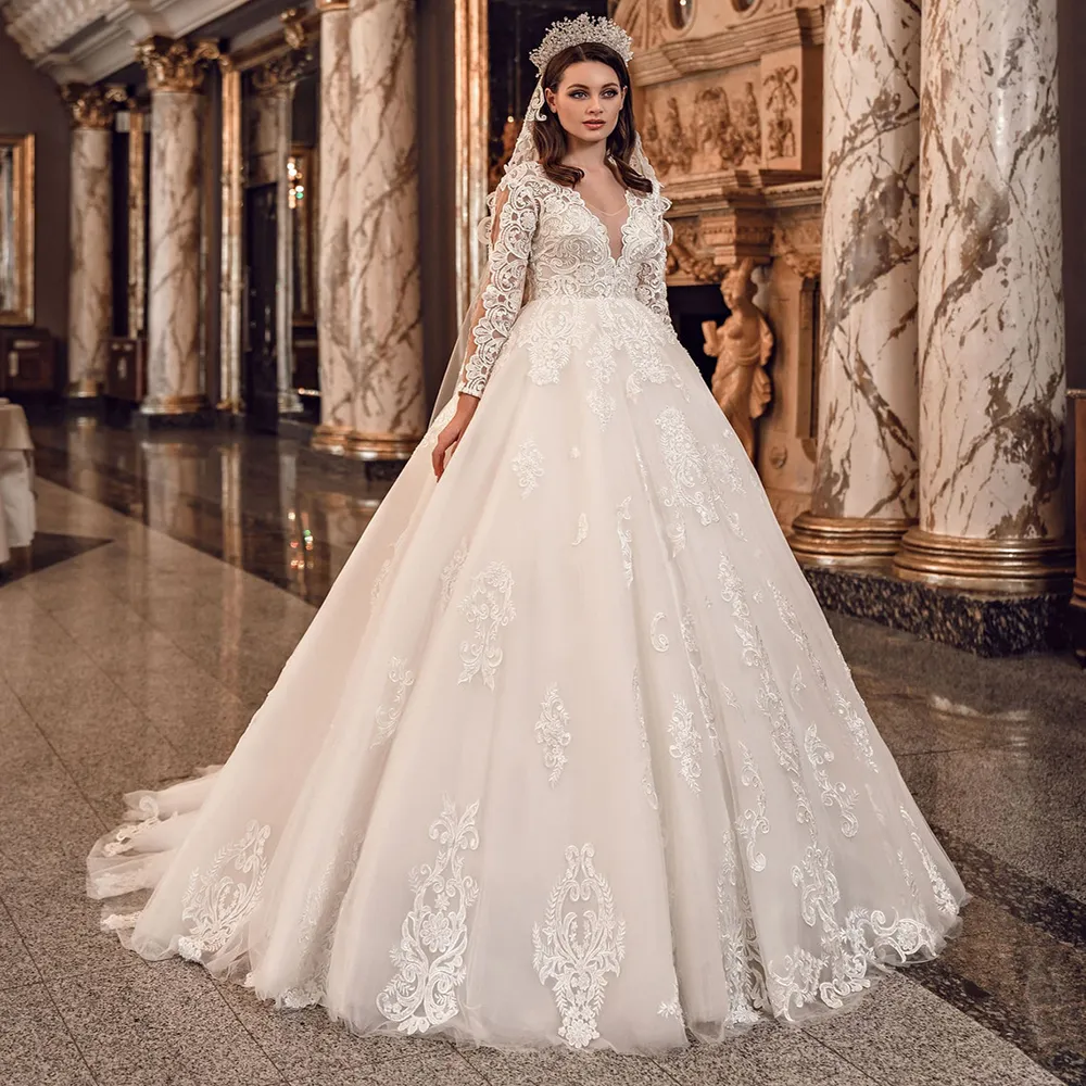 rincess Lace Church Vestido de novia 2022 Apliques de manga larga Turquía Una línea Vestidos de novia Hasta el suelo Tul País Novia Vestido Noiva Robe De Mari￩e 2021