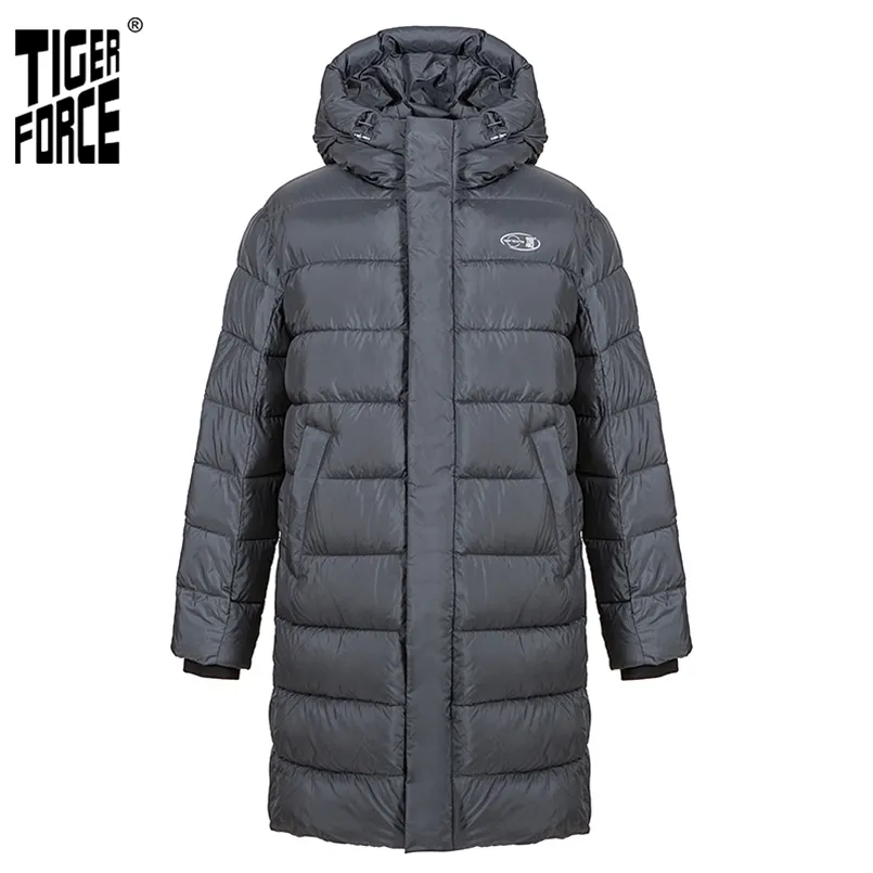 Tiger Force Mäns Vinterjacka Med Hooded Mörkgrå Lång Tjock Business Casual Sports Tjock Parka Män Coat 70701 211129