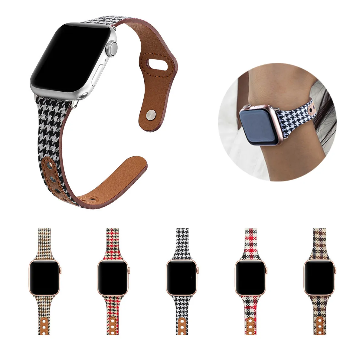 Luxury Denim Plaid Leather Strap för Apple Watch Bands 44mm 42mm 40mm 38mm Sport Loop Watchband Iwatch SE 6 5 4 3 Armband