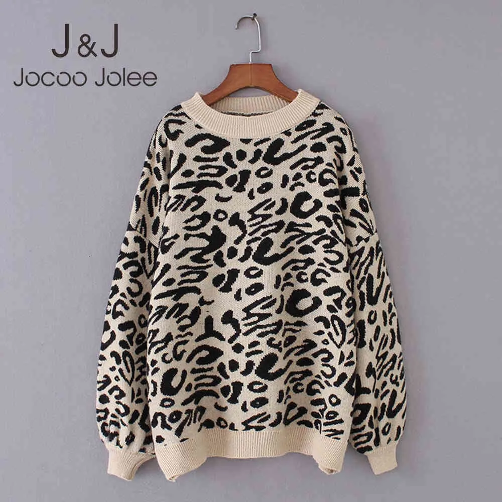 Joco jole kvinnor vinter varm tjock leopard print o neck tröja fall mode lösa pullovers casual yttre drag femme toppar 210518