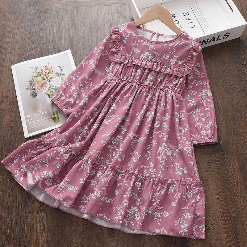 Outono bebê menina babados queda vestidos plissados ​​criança meninas vestido floral crianças cair roupas chidlren vestido de flor casual 3-8 yrs g1026