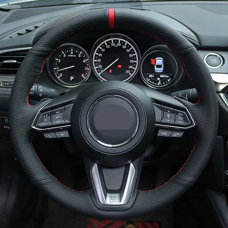 Car Steering Wheel Cover Steering Wheel Cover Black Genuine Leather For Mazda 3 Axela 2017-2018 Mazda 6 Atenza CX-3 CX-5 CX-9