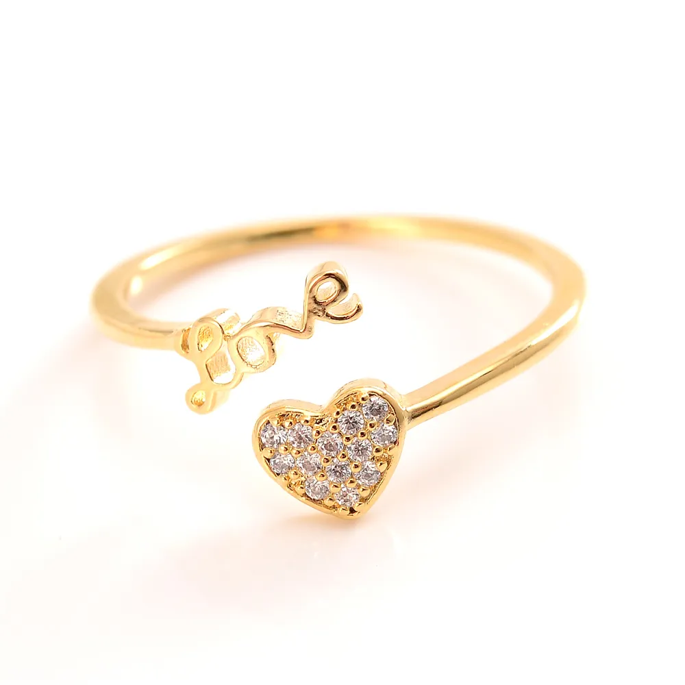 Kobieta Love Pierścionki Lovely 24 K CT Fine Solid Gold GF CZ Kamienie Pierścień Regulowany Rozmiar Otwarcie Otwarcie Słodka Biżuteria w kształcie serca