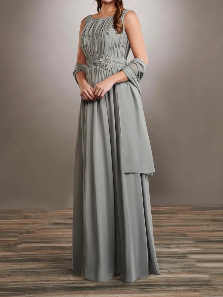 Abito da madre della sposa in chiffon Corpetto drappeggiato grigio argento e gonna arricciata