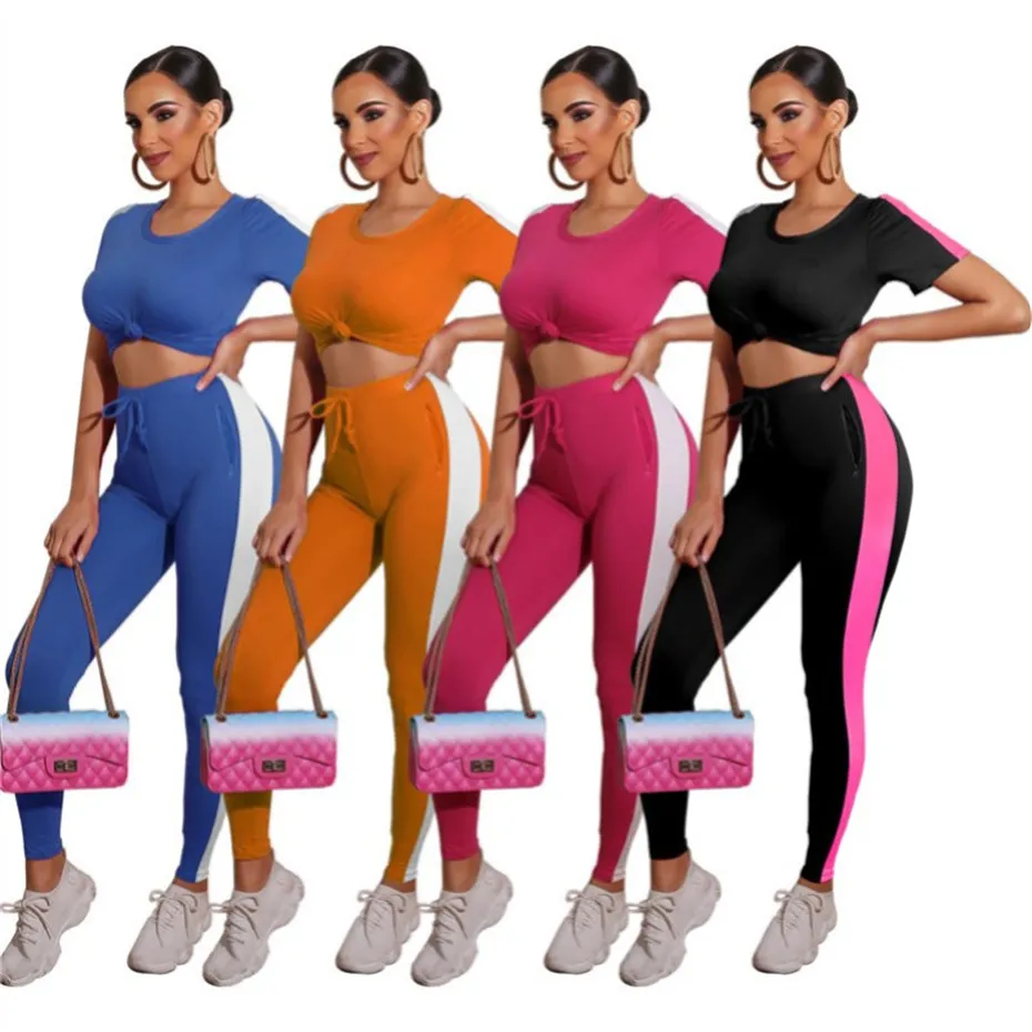 Mode Femmes Survêtements Sexy Crop Top Pantsuit Tenues Deux Pièces Ensemble Jogging Sportsuit Casual Solide À Manches Courtes Sport Vêtements K8671