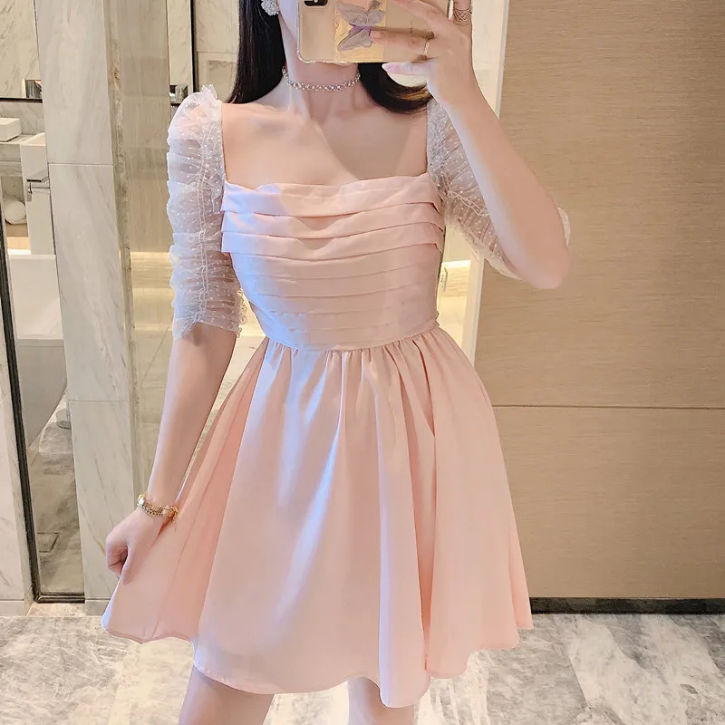 Runway Polka Dot Puff Sleeve Patchwork Poplin Rosa Kvinnor Sommar Square Collar Backless Sweet Girls Short Dress 210416