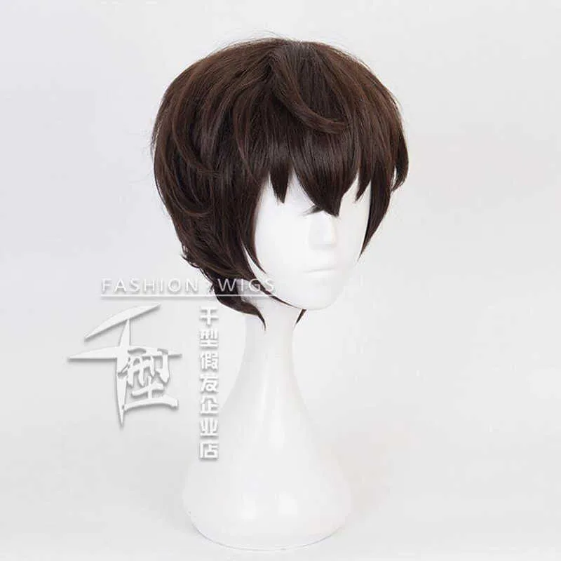 Nieuwe Collectie Anime Bungo Zwerfhonden Dazai Osamu Kort Bruin Krullend Haar Hittebestendige Cosplay Kostuum Pruik + Sleutelhanger Cap y0913