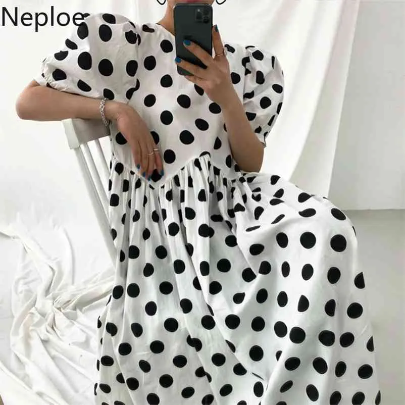 Polka dot jurk vrouwen losse o hals bladerdeeg mouw vrouwelijke jurken zomer mode uitgehold geplooid vestidos 1c795 210422