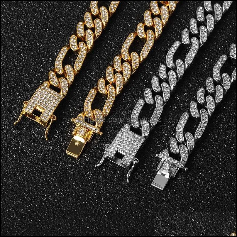 Hip Hop 1Set 13MM Gold Iced Out Paved Rhinestones  Curb Figaro Link Chain Necklace CZ Bling Rapper Necklace For Men Jewelry