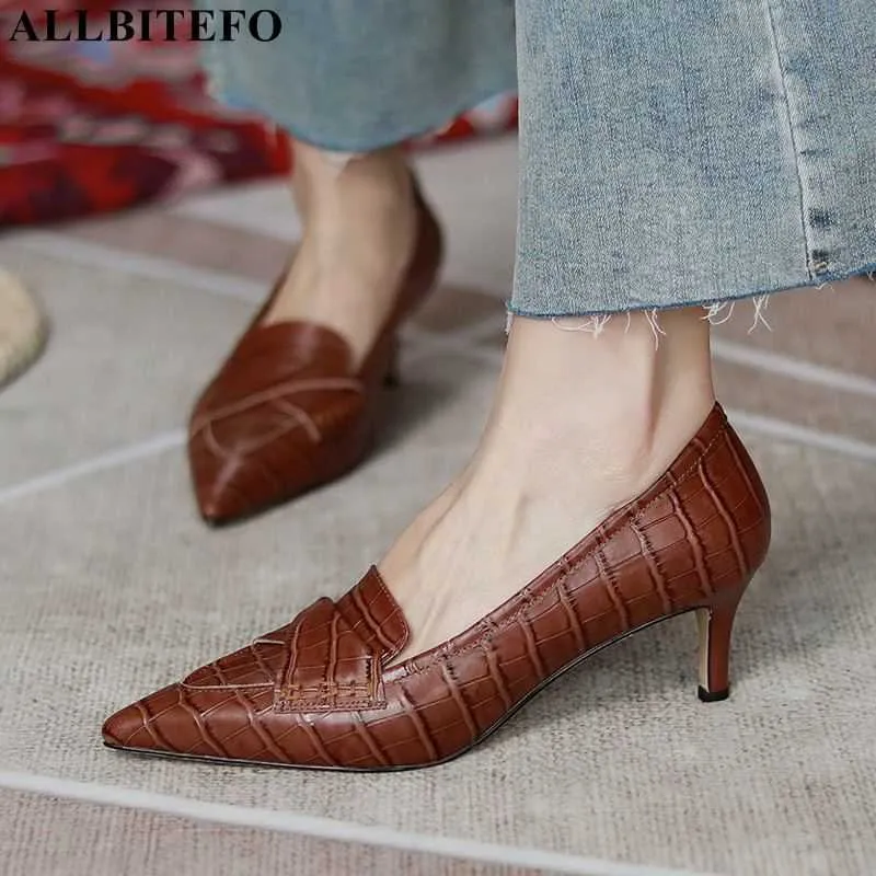 ALLBITEFO mode rétro en cuir véritable sexy talons hauts parti femmes chaussures femmes chaussures à talons hauts femmes talons bureau dames chaussures 210611