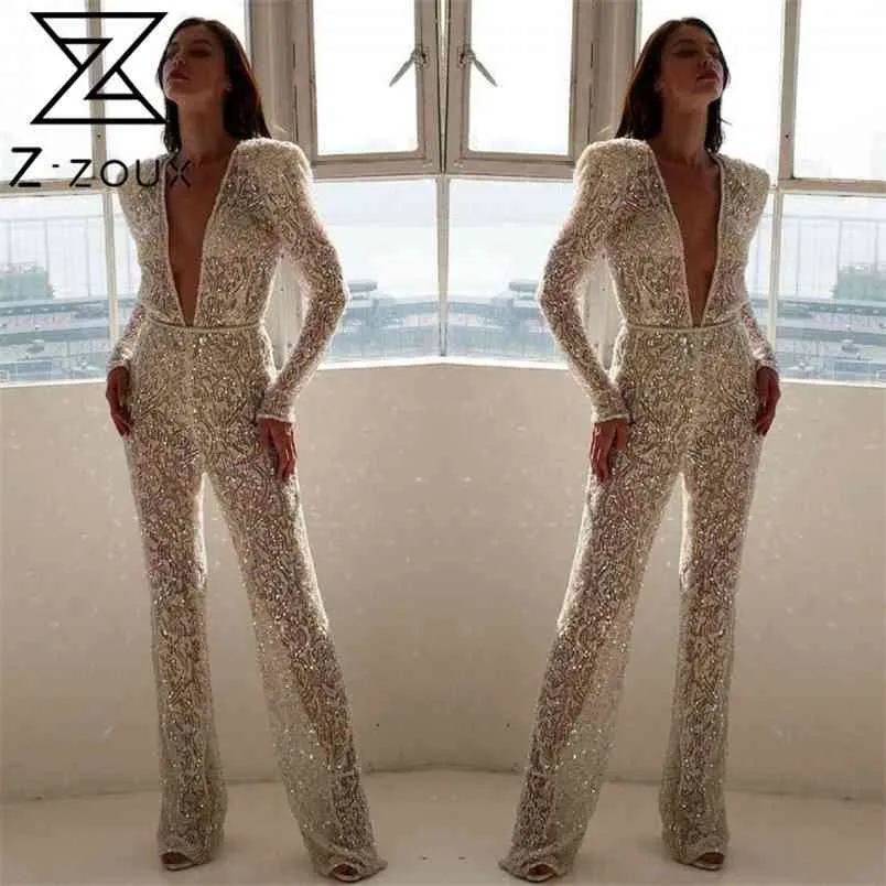 Women Jumpsuit Deep V Neck Lace Rompers Womens Long Sleeve Embroidery Perspective White Autumn 210513