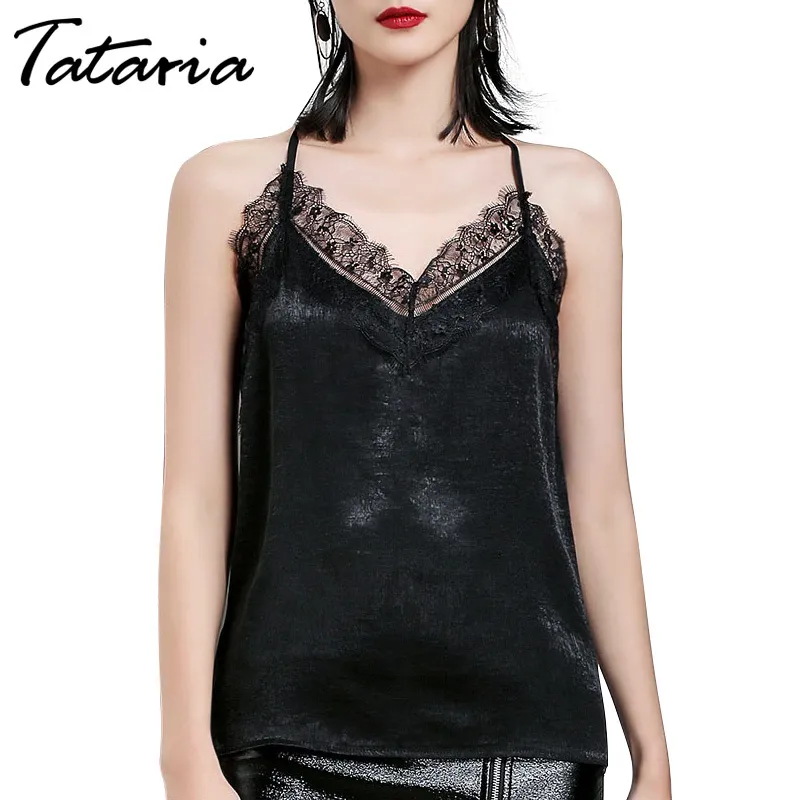 TATARIA dentelle hauts femmes été Sexy ample col en v sans manches femme licou haut en soie noir blanc Camisole 210514