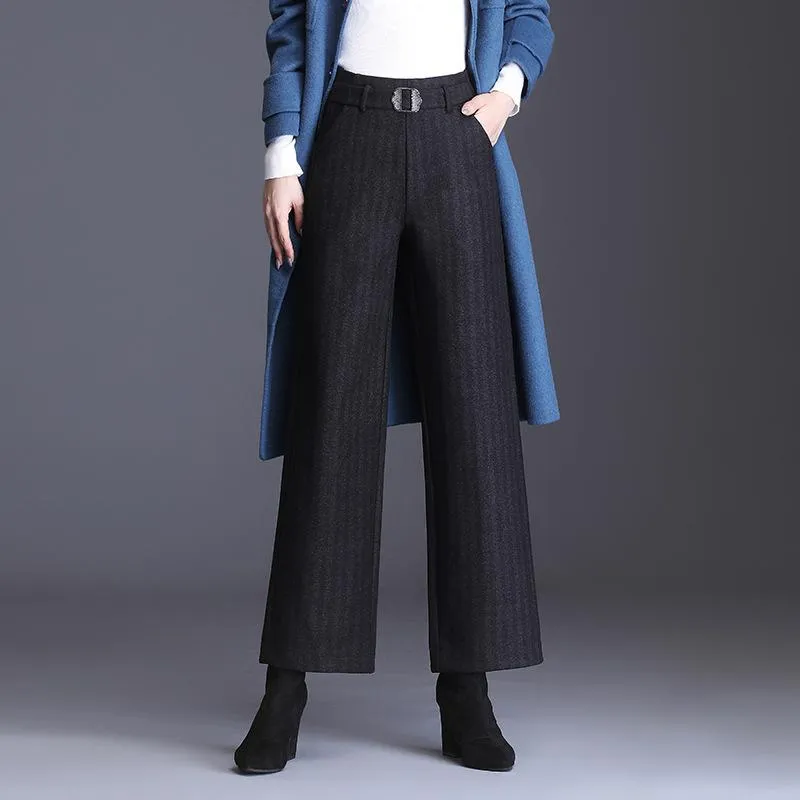 Women's Pants & Capris Stripe Temperament Woolen Wide Leg Women Autumn Winter High Waist Loose Elegant Office Lady Straight Suit Trousers 60