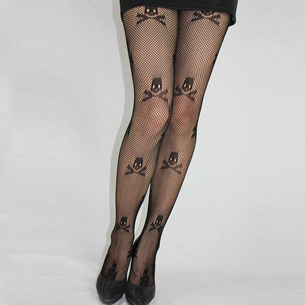 1 pc Sexy Stay Up Thigh high Tights Fishnet Mesh Skull Print Punk Stretch Pantyhose For Women Skeleton Printed Stockings X0521