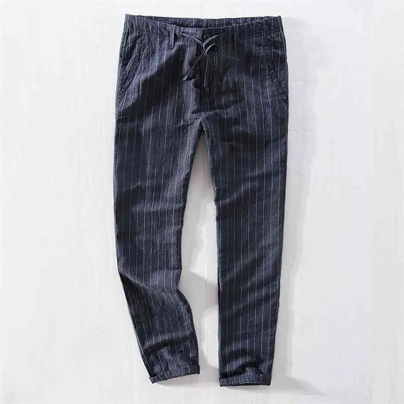 Men Spring Autumn Fashion Brand Japan Style Vintage Striped Cotton Linen Straight Pants Male Casual Loose Thin Trousers 210715