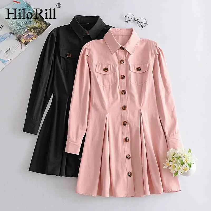 Elegant Office Shirt Mini Dress Women Puff Long Sleeve Cargo With Pockets Ladies Turn Down Collar Pleated es 210508