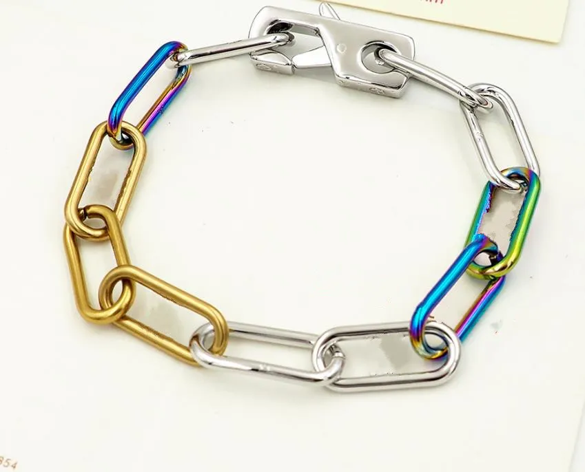 Bracciale a catena a maglie colorate moda Nuovo arrivo Uomini e donne Firma Bracciale colorato in acciaio al titanio 316L con incisione Braccialetti con catene spesse placcate in oro 18 carati