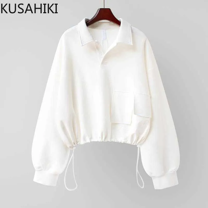 Drawstring Cropped Hoodie Long Sleeve Turn-down Collar Women Sweatshirts Causal Spring Pullovers 6F921 210603