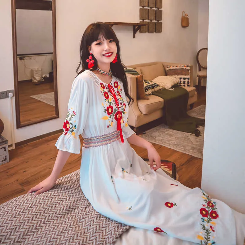 Vintage Style Floral Embroidery Long Dress - Summer Cotton