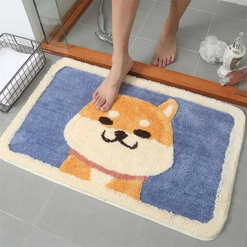 Shiba Inu Cartoon Door Mat Bath Rug Anti-Slip Water Absorption Shower Home Dog Carpet Toilet Door Bathroom Anti-skid Pad 211204