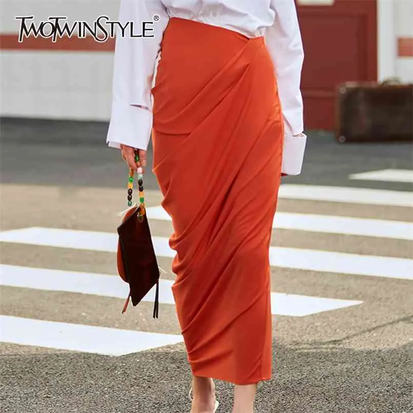 非対称のRUCHEDスカート女性の高いウエスト側分割秋のスカート不規則な服装ファッション210521