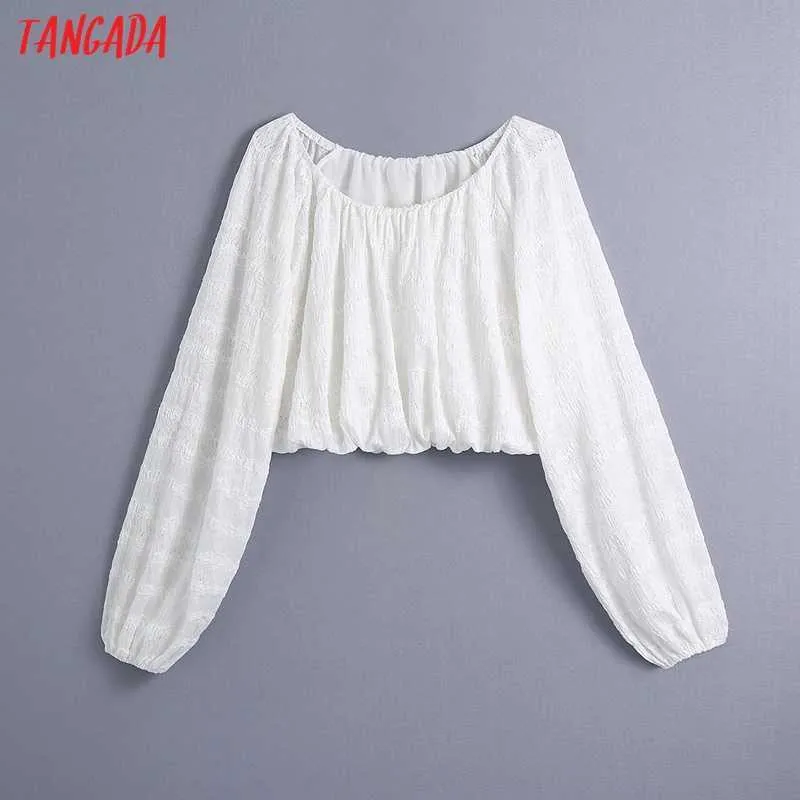 Tangada Women Retro Lace Embroidery Romantic Crop Shirt Long Sleeve Chic Female Shirt Tops CE166 210609