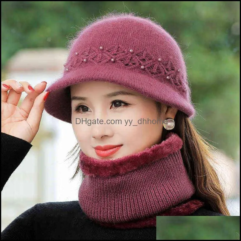 Women Winter Hat Keep Warm Cap Hat & Scarf Set Fashion Hats For Women Casual Rabbit Fur Outdoor Knitted Bucket Hat 211228