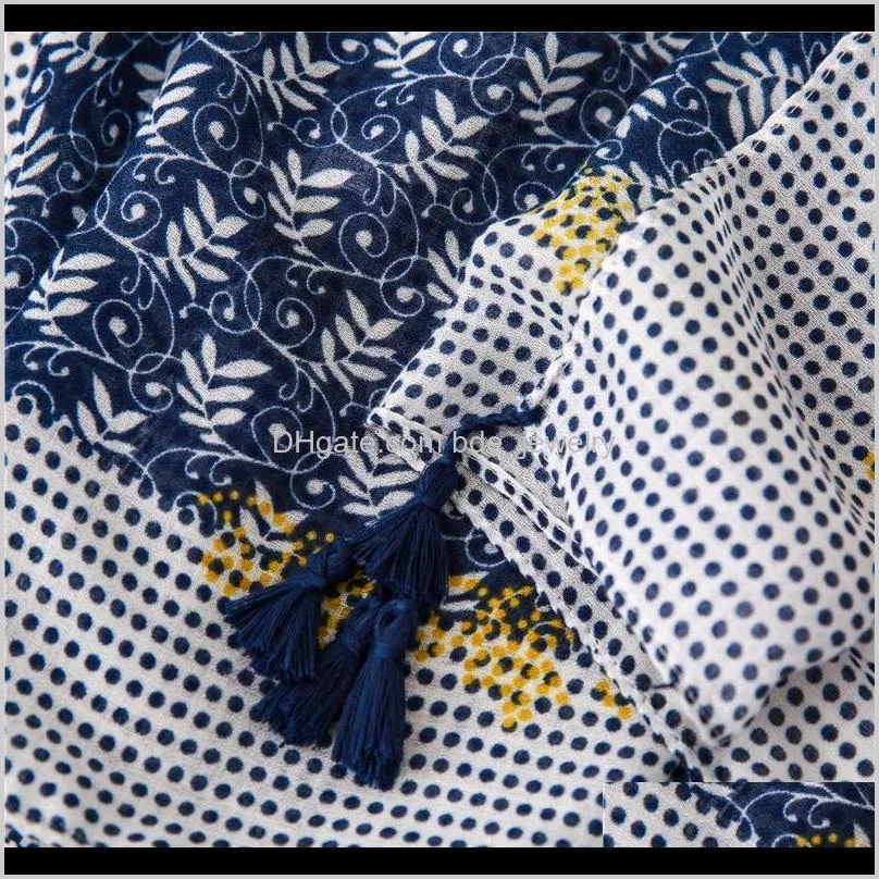 spring antumn scarf shawl floral dot printed patchwork women hijab scarf tassels navy blue 180x90cm bandana foulards