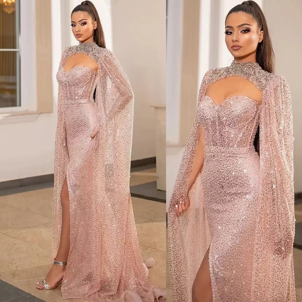 Glitter Glassion Prom Dresses High Neck z wrap Suknia wieczorowa Custom Made Rękawy Ruffles Plus Size Celebrity Party Suknia