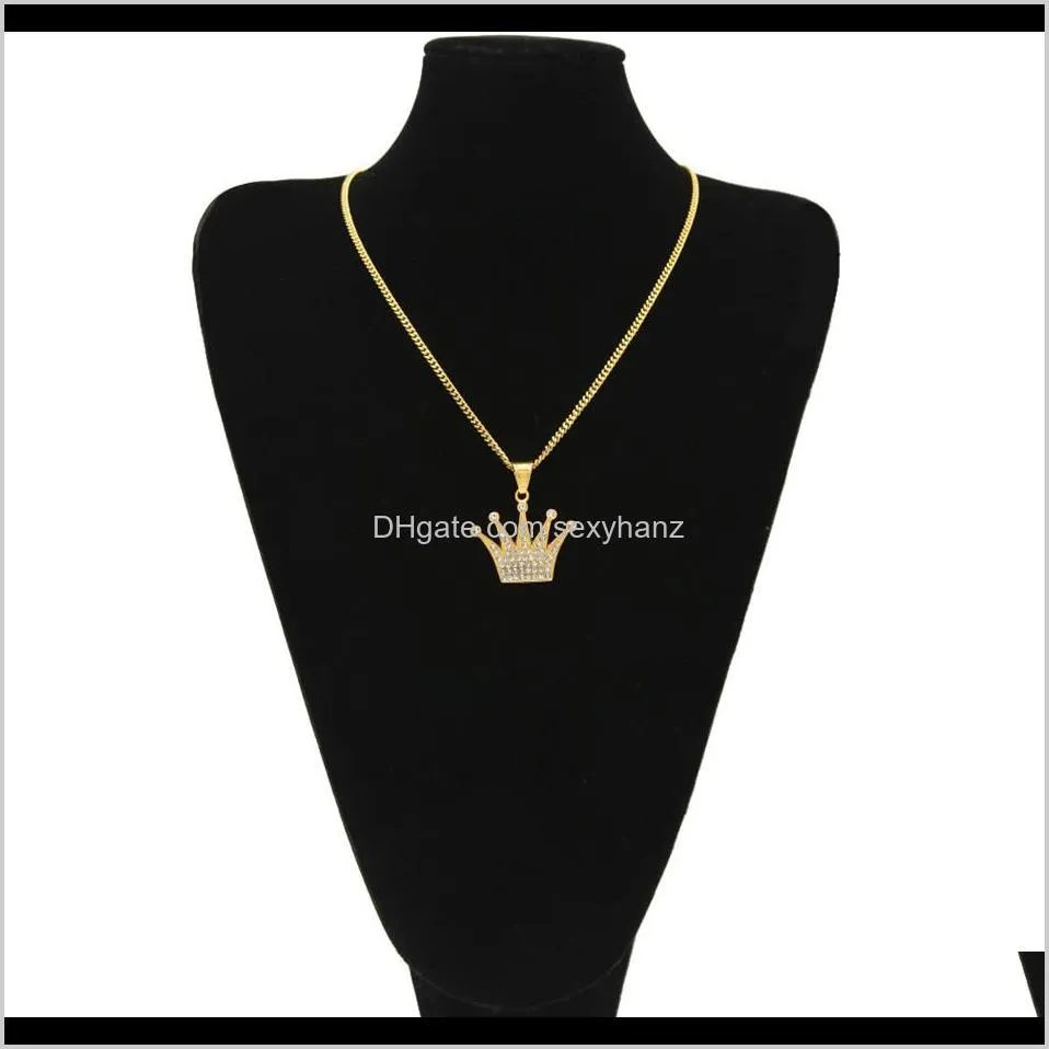 stainless steel crown pendant gold men women titanium iced out bling rhinestone crystal hip hop necklace chain punk jewelry