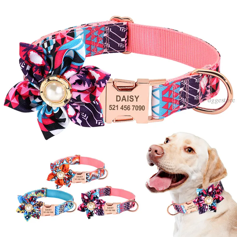 Collares de perro personalizados con letras láser personalizadas con nombre de mascota y número de teléfono para perros niñas, perros femeninos, collar particular para mascotas, la flor morada, estilo creativo B05