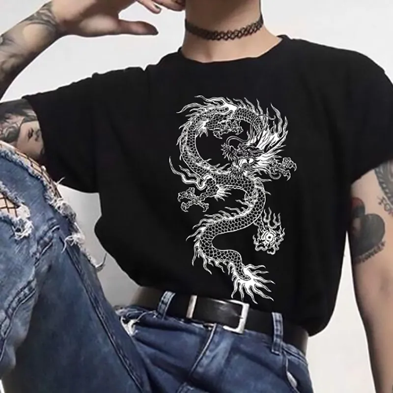 Dragon coréen noir vêtements été femmes t-shirt Hip Hop haut décontracté Harajuku Ulzzang ample t-shirt imprimé Punk Streetwear 210518