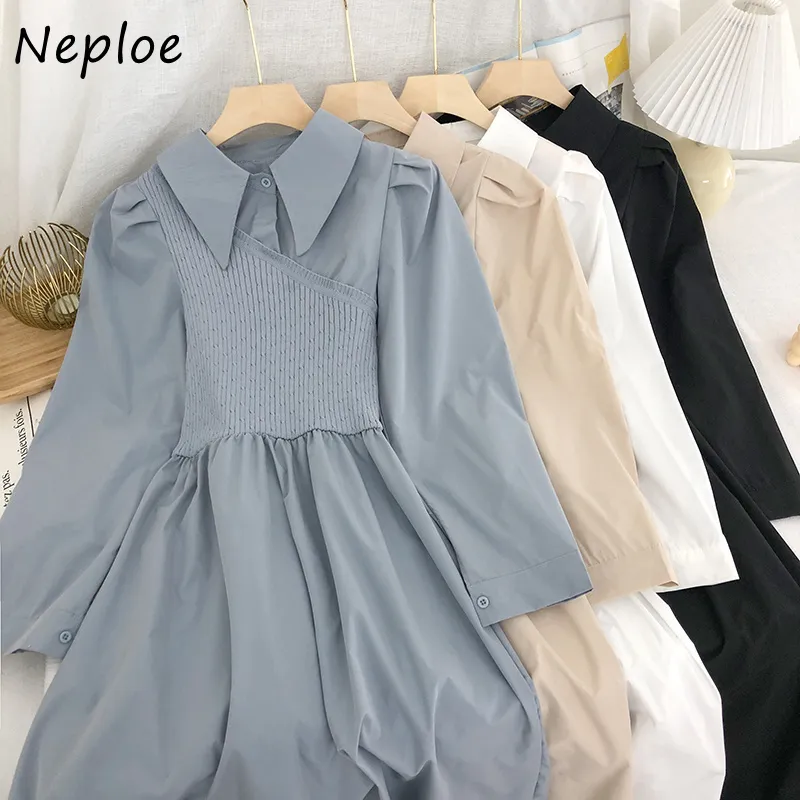 Neploe Fashion Fake Two Piece Patchwork Knit Dress Women Turn Down Collar Long Sleeve Solid Vestidos High Waist Hip A Line Robe 210423