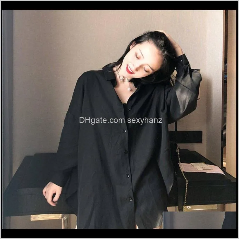 women blouses chiffon shirts long sleeve spring black loose all-match fashion tops chic womens students casual simple
