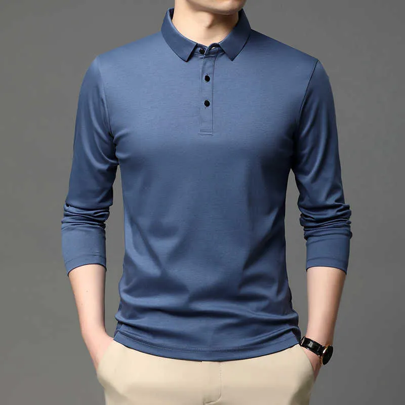 100 % Mercerized Cotton Polo Shirt 남자 긴 소매 가을 겨울 소프트 스포츠 골프 Shits 슬림 피트 블랙 캐주얼 브랜드 솔리드 210707