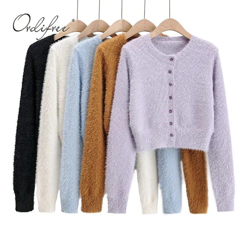 Mulheres de outono malha cardigan Único breasted mohair sexy camisola jumper 210415