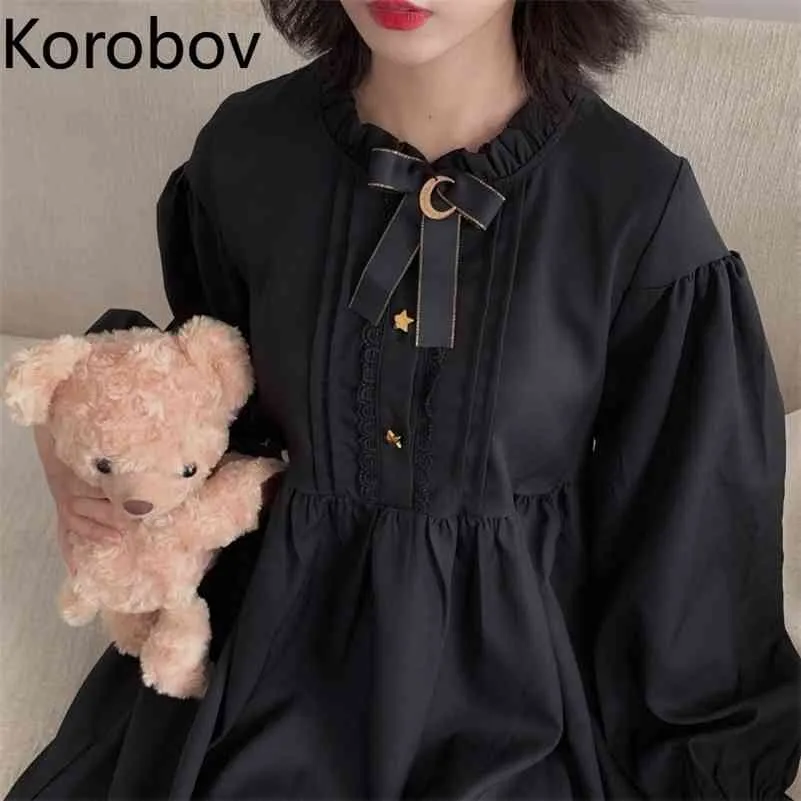 Korobov Vintage Lange Mouwen O-hals Boog Vrouwen Jurk Koreaanse Hoge Taille Zoete Zwarte Vrouwen Jurken Nieuwe Chic Vestidos 210430