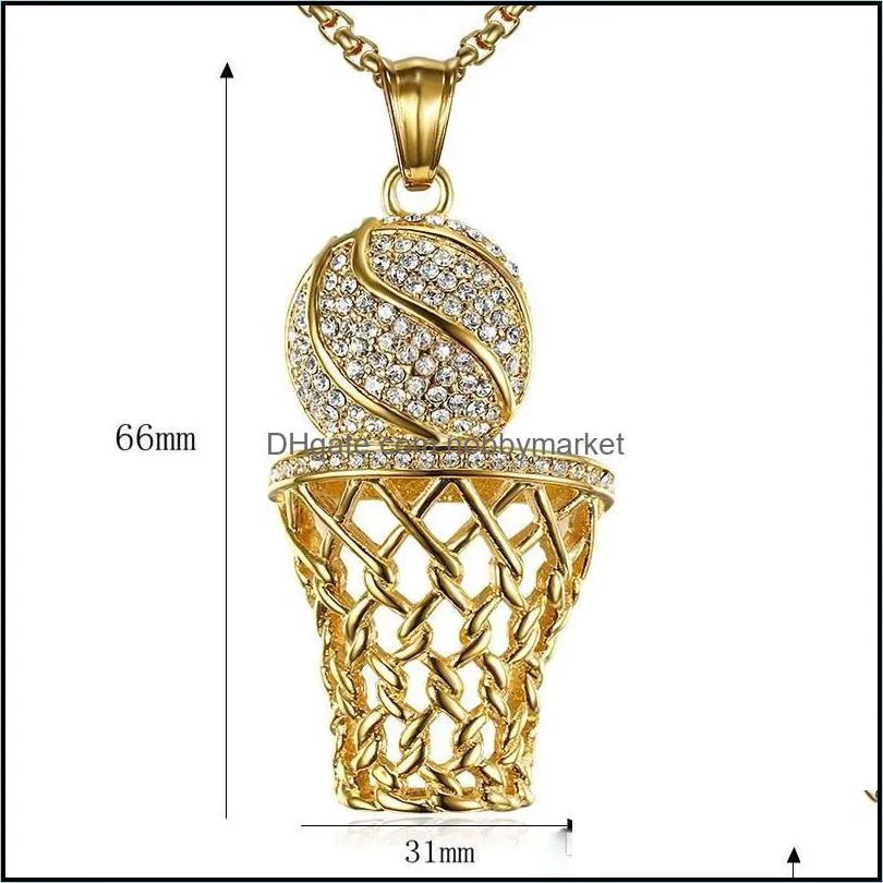 Hip Hop Bling Iced Out Full Rhinestone Basketball Pendant Necklace 316L Stainless Steel Sport Long Necklace for Men Jewelry